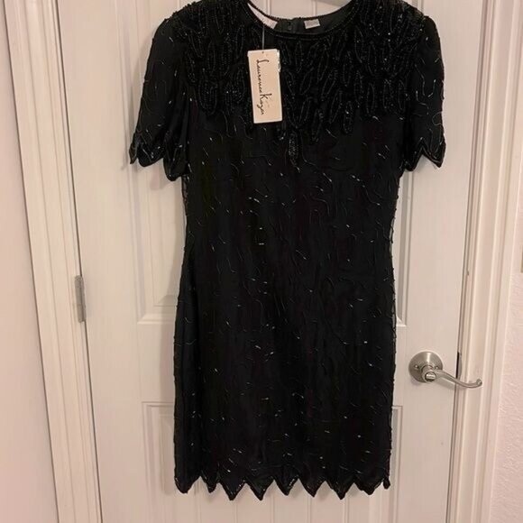 NWT Vtg. LAWRENCE KAZAR BLACK beaded handmade short sleeve SILK DRESS women’s L - Picture 1 of 16